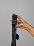 Black crocodile texture leather belt with auto-lock buckle detail