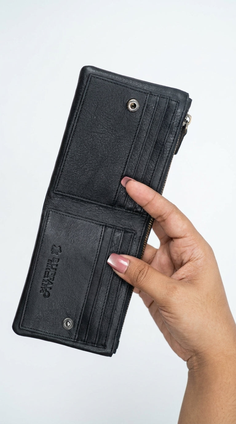 A black leather bifold wallet held open by a hand, showing its interior card slots, coin pocket, and zipper compartment against a plain white background.