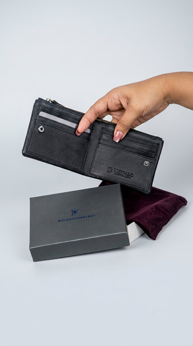 A hand holds an open black leather wallet above a dark gray presentation box and a burgundy velvet pouch on a light gray background. The wallet has silver-tone hardware and a debossed logo on the front.