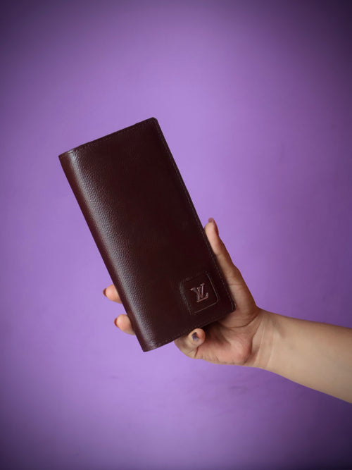 Premium cow leather long wallet dark brown - open interior showing bill compartment