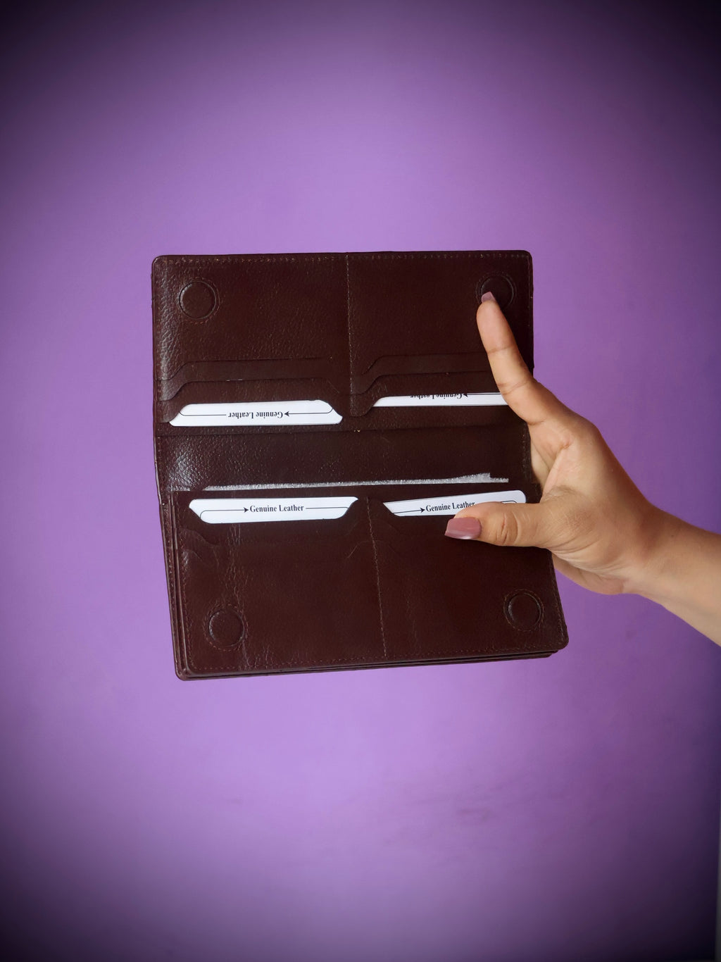 Premium cow leather long wallet dark brown - interior showing 4 card slots with genuine leather labels