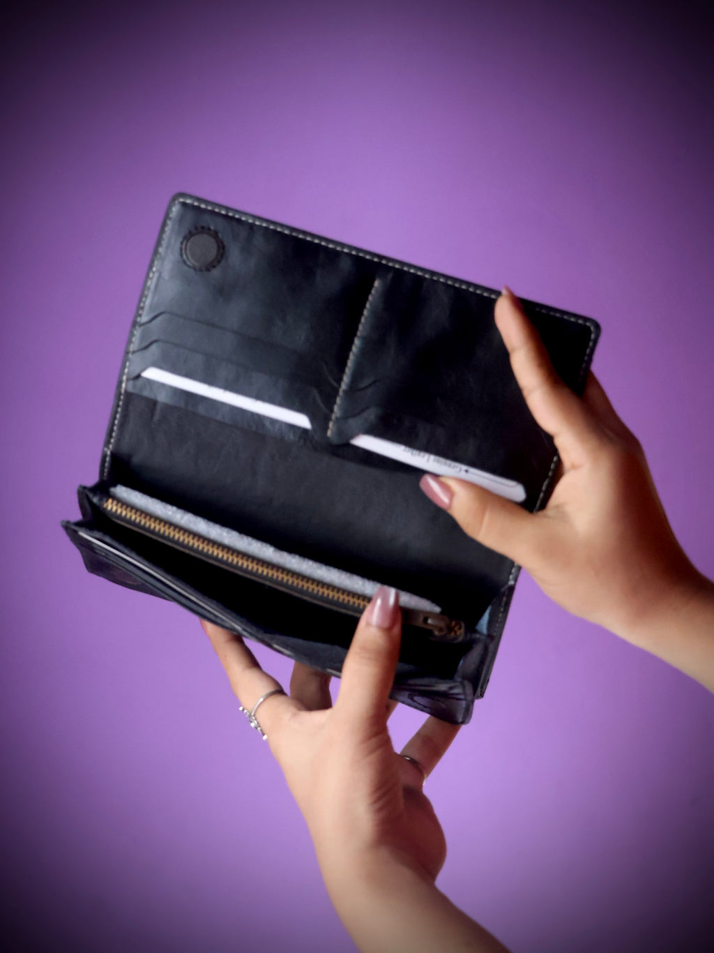 Raw texture genuine cow leather long wallet black - interior showing zipper coin pocket and bill compartment
