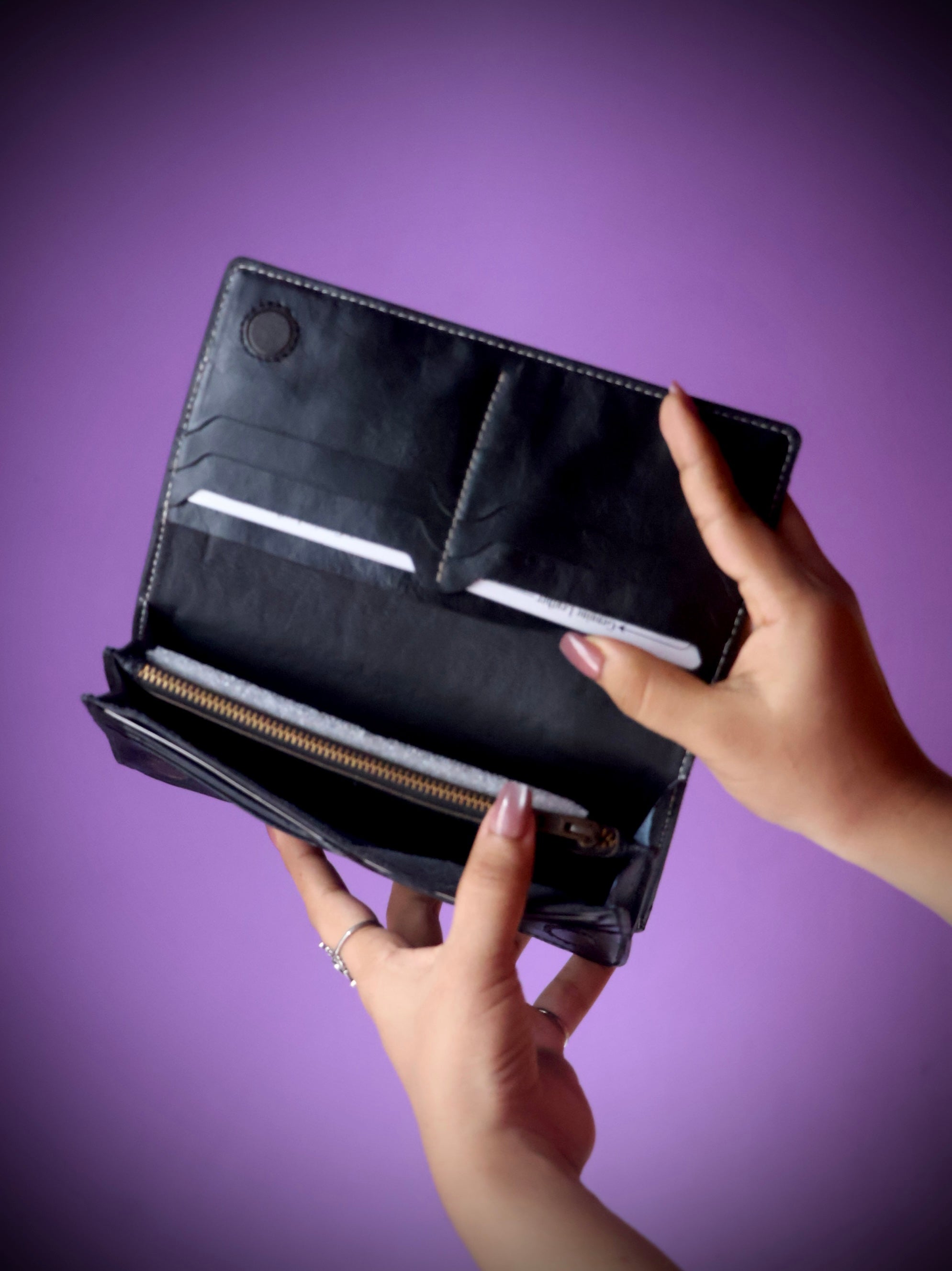 Raw texture genuine cow leather long wallet black - interior showing zipper coin pocket and bill compartment
