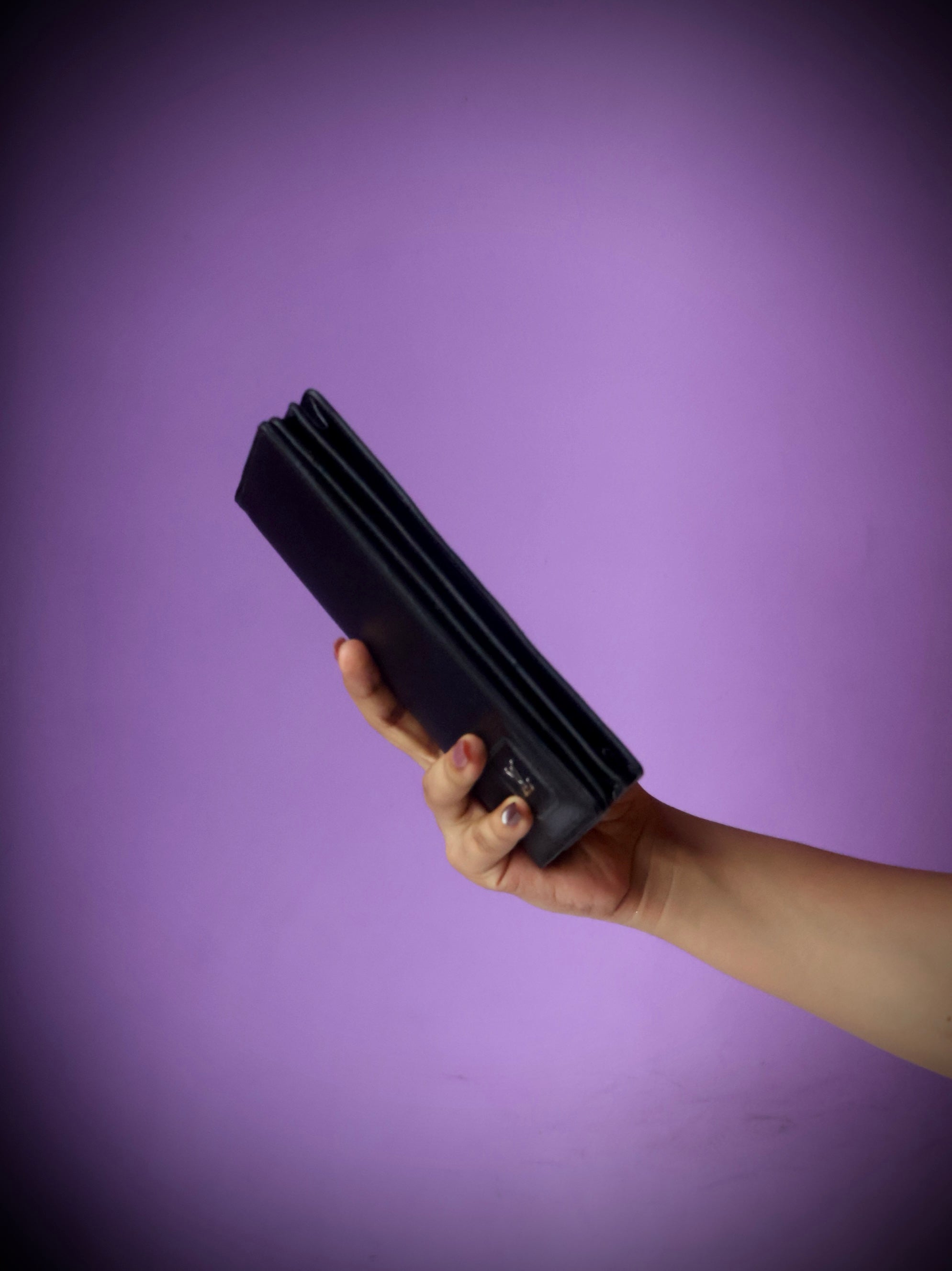 Premium cow leather long wallet black - open interior view showing bill compartment