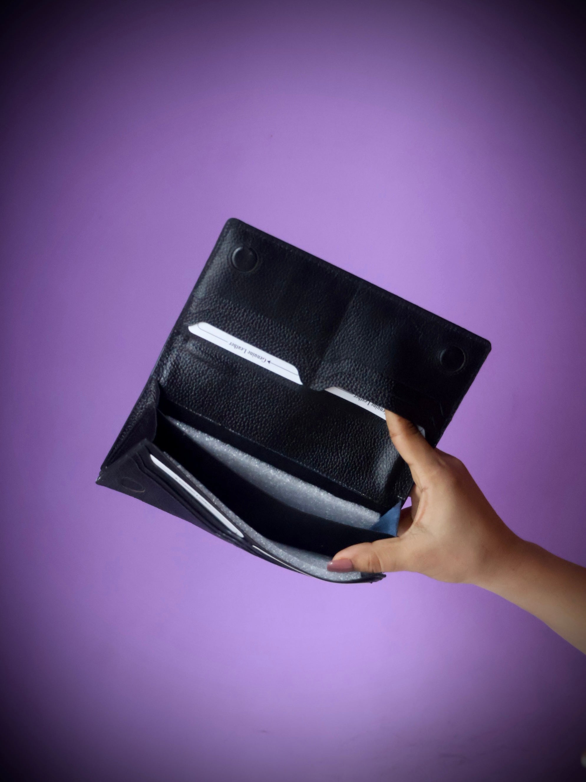 Premium cow leather long wallet black - interior showing 4 card slots with genuine leather labels