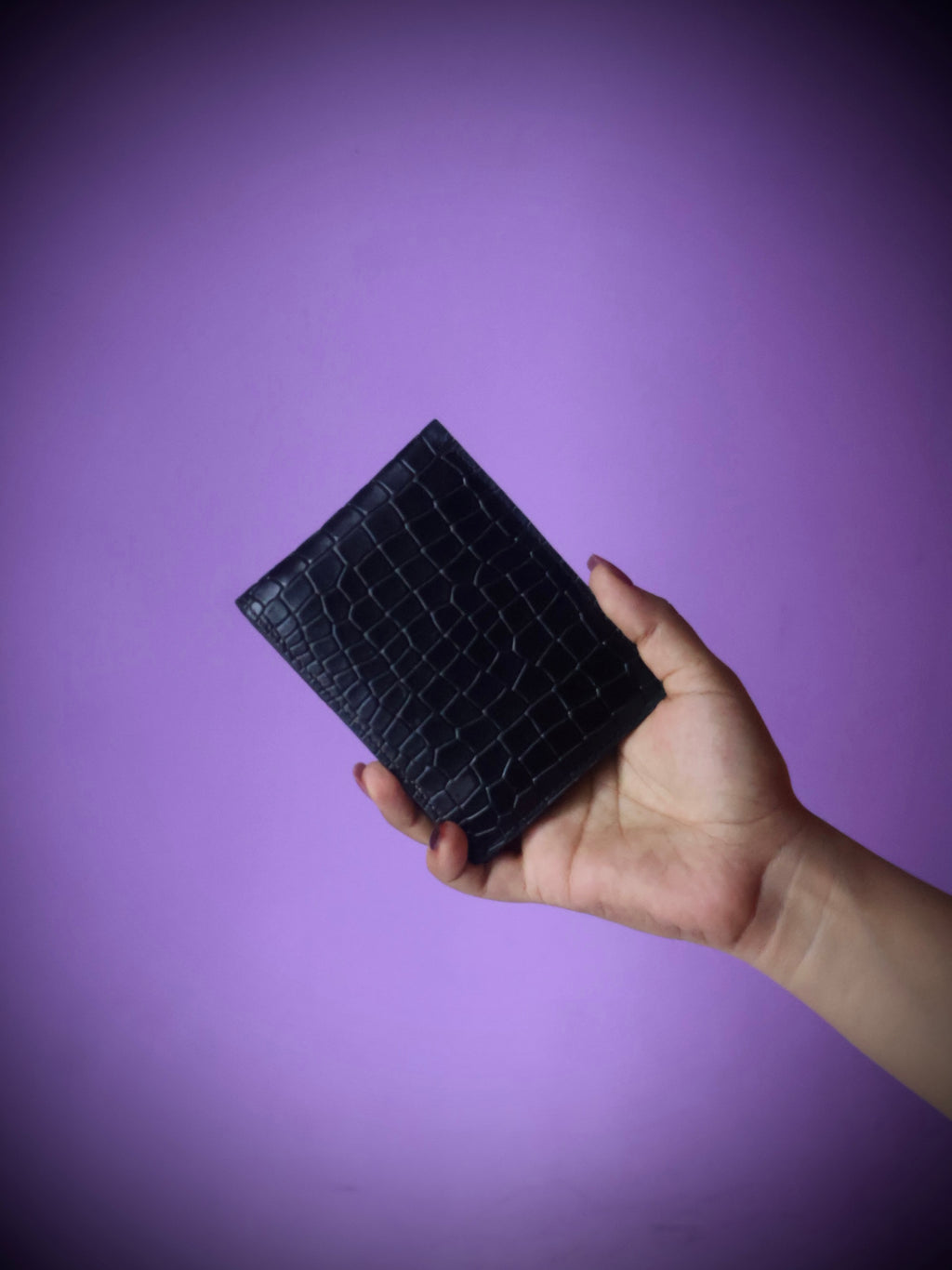 Croco embossed leather ladies wallet black - front view showing exotic crocodile texture