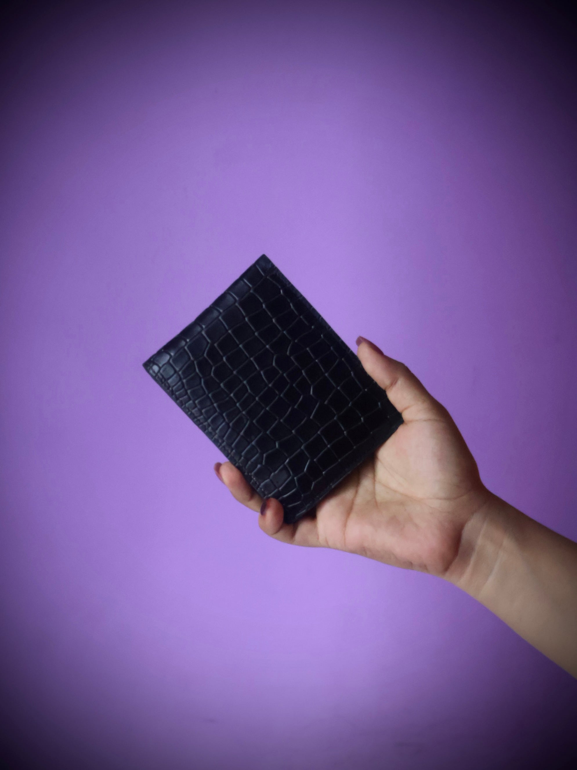Croco embossed leather ladies wallet black - front view showing exotic crocodile texture