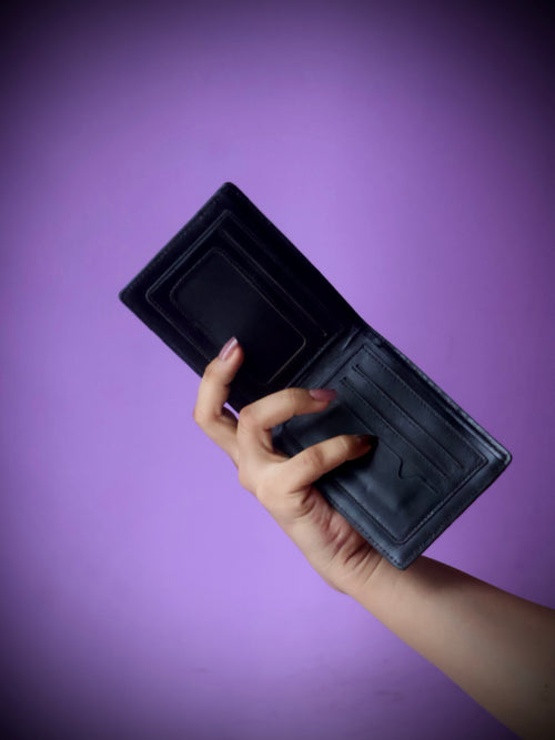 Croco embossed leather ladies wallet black - side profile compact bifold view