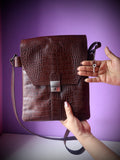 Croco embossed leather messenger satchel bag dark brown - back view showing front zipper pocket and crossbody strap