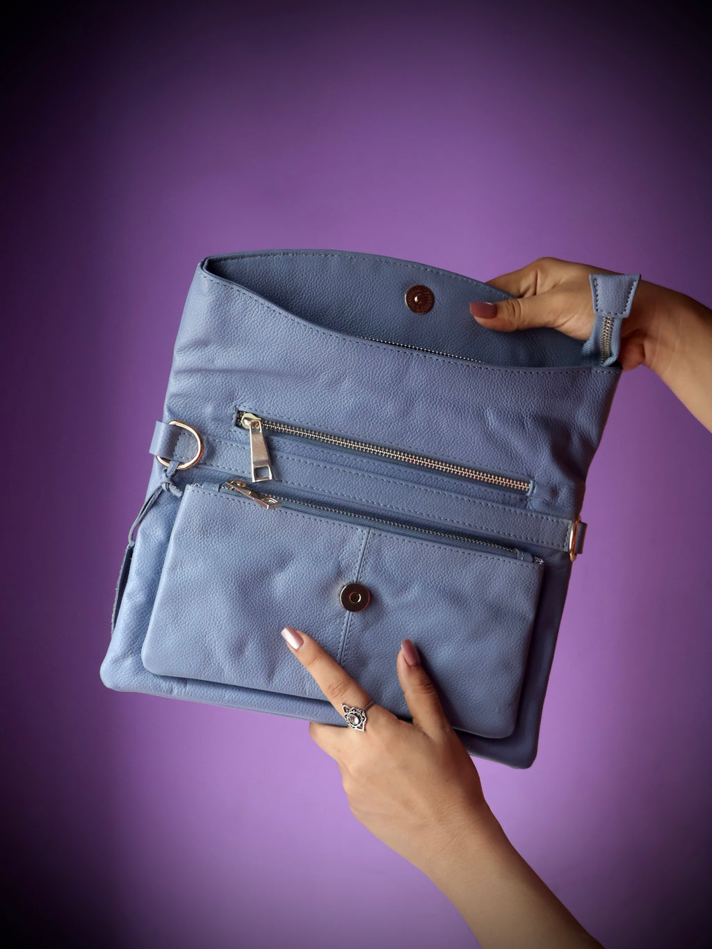 Original leather crossbody clutch bag sky blue - side profile view showing slim clutch design