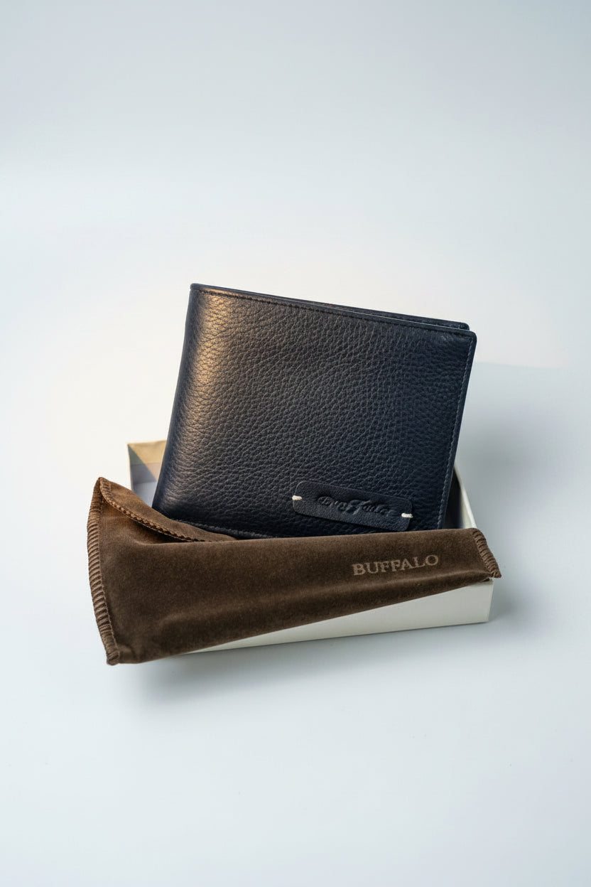 Buffalo leather bifold wallet open interior detail view