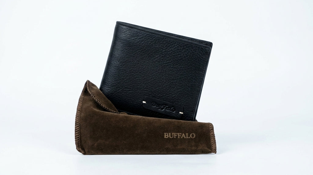 Buffalo leather bifold wallet being held - exterior view