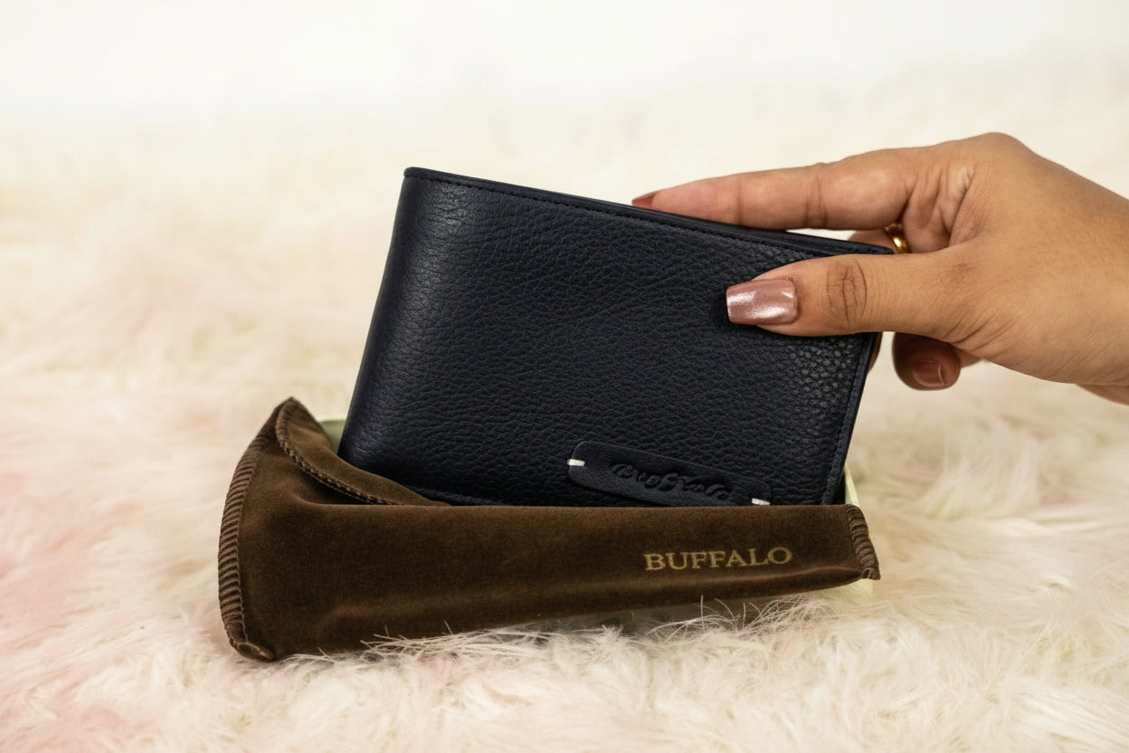 Buffalo leather bifold wallet open showing card slots and coin pocket