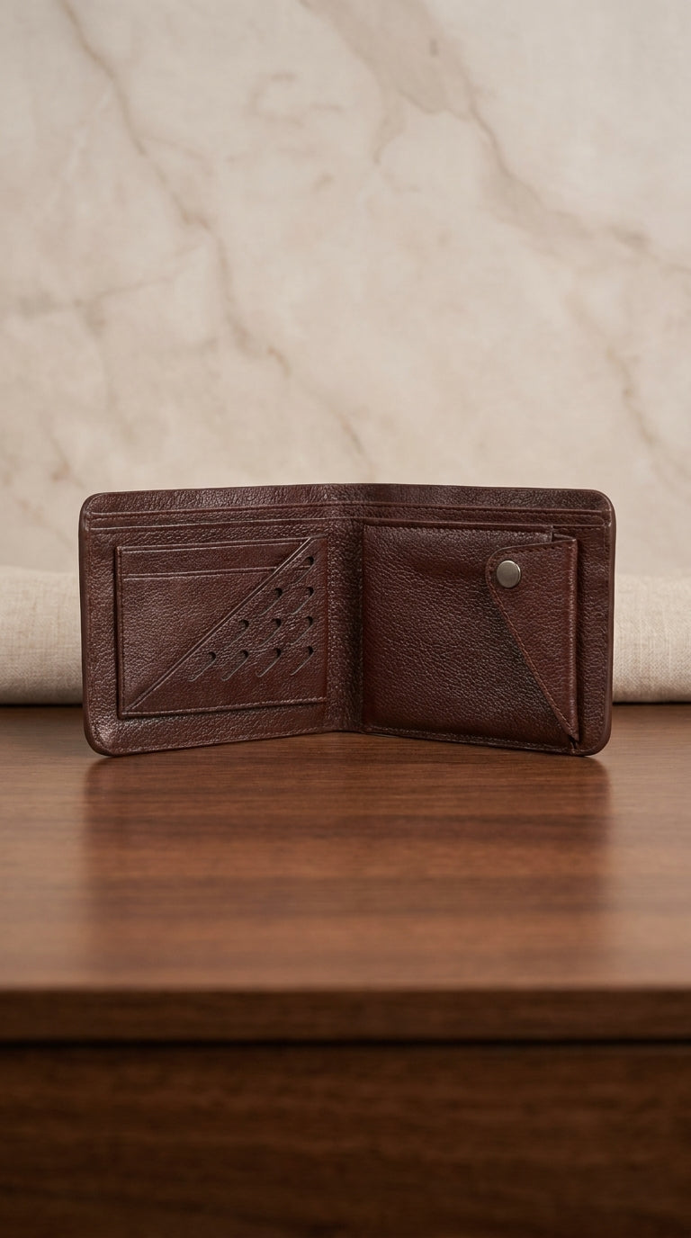 Leather Small Money Bag - brown open interior lifestyle shot