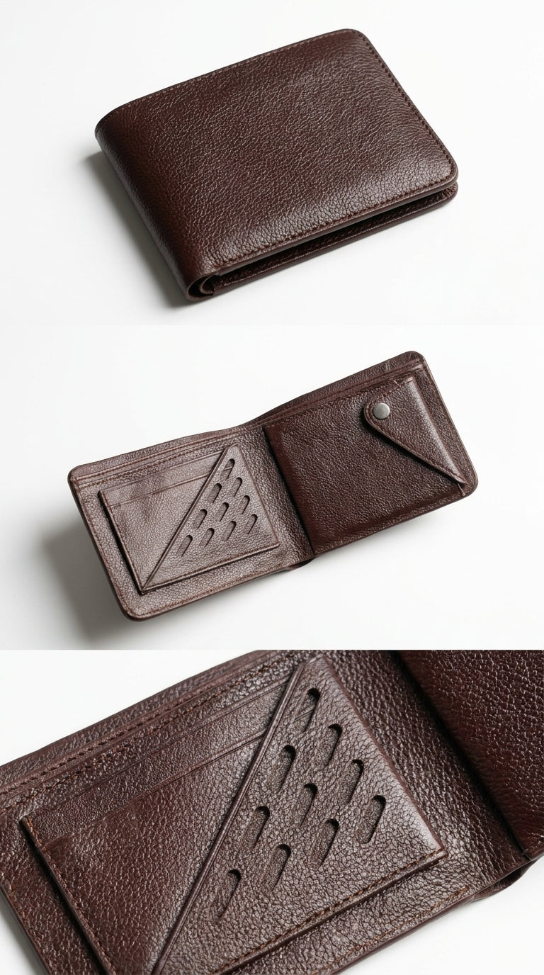 Leather Small Money Bag - brown open interior on wooden shelf
