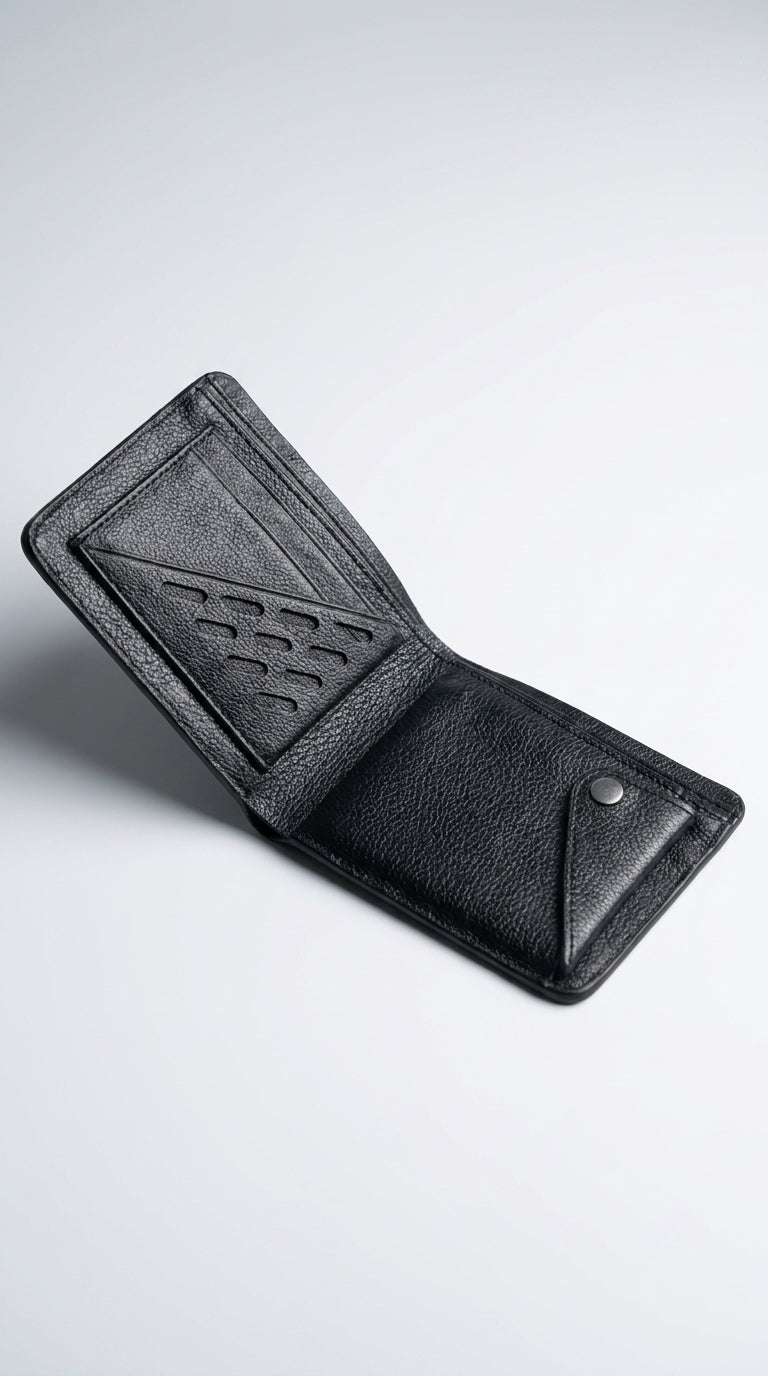 Leather Small Money Bag - brown open interior close-up on wooden surface