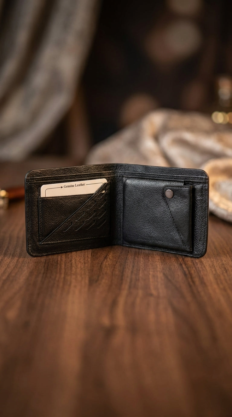 Leather Small Money Bag - brown open interior on marble surface