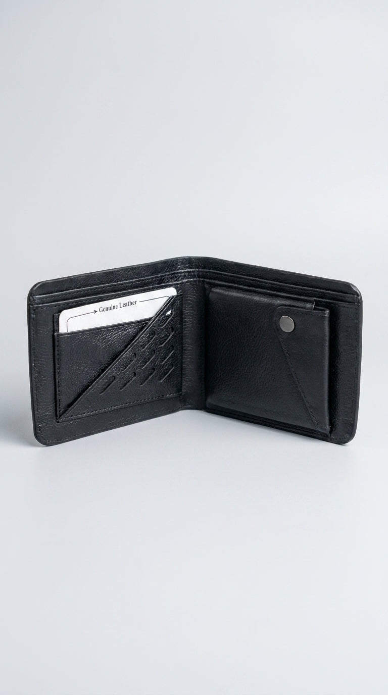 Leather Small Money Bag - brown front and open interior on wooden surface