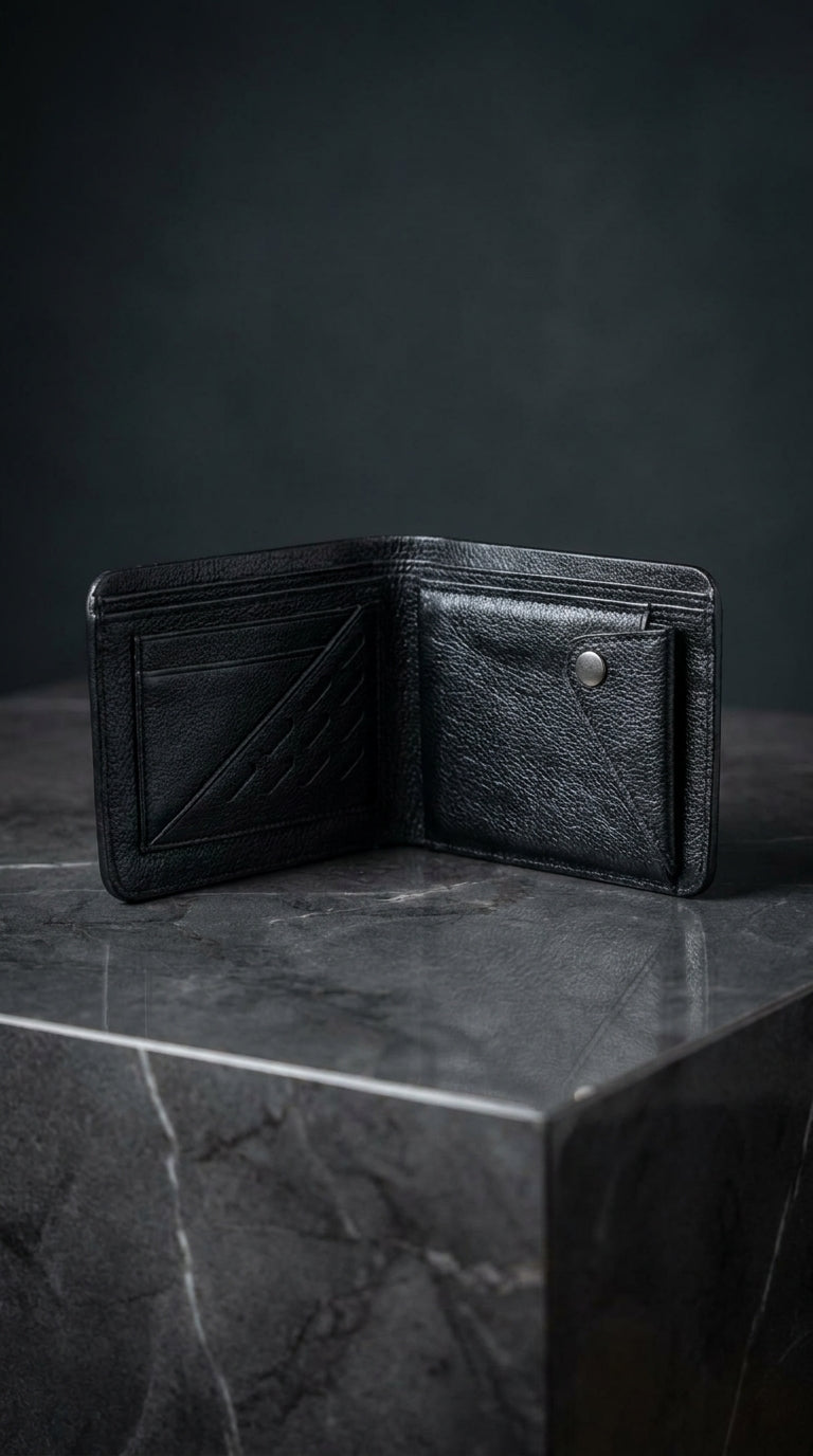 Leather Small Money Bag - black open flat lay on white background