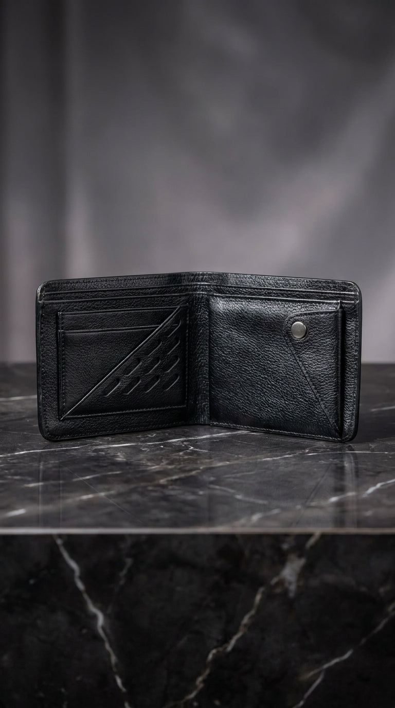 Leather Small Money Bag - black open interior on wooden surface with luxury backdrop