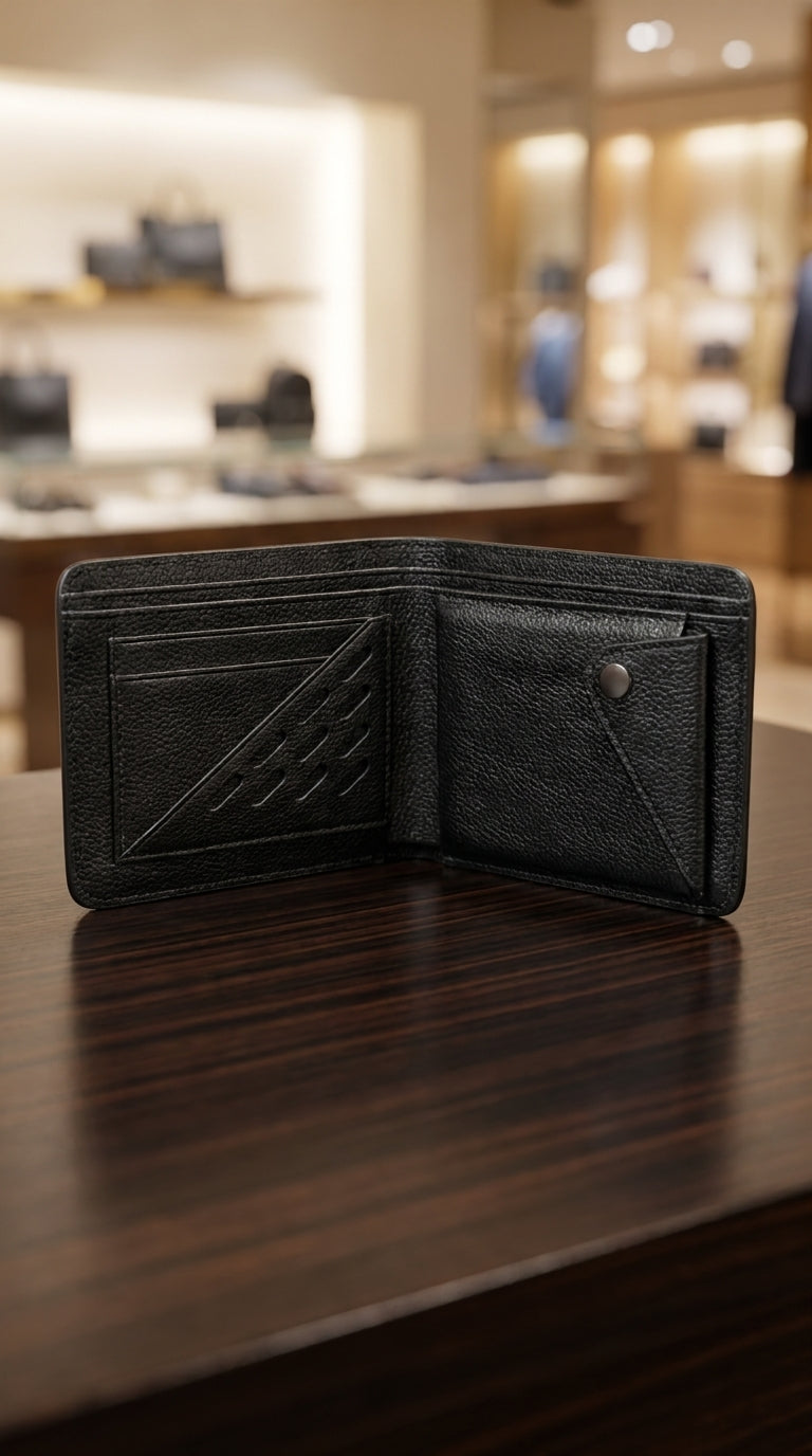 Leather Small Money Bag - black open interior view on white background