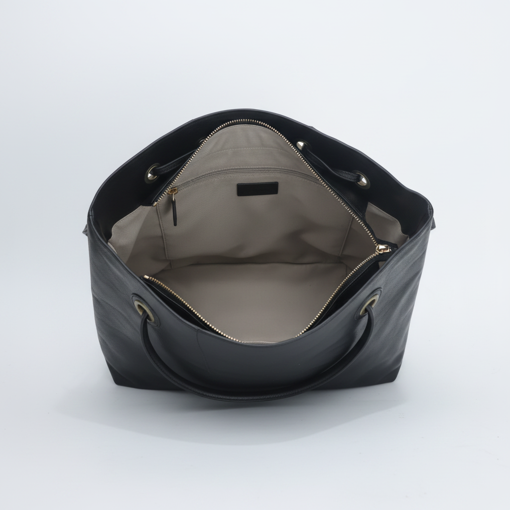 Black leather tote bag shown open from the front, revealing a light beige interior lining and gold-tone hardware, on a light gray background.