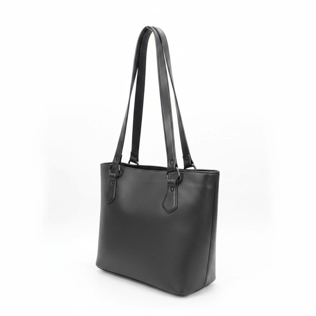 Silvia black leather tote bag angled view