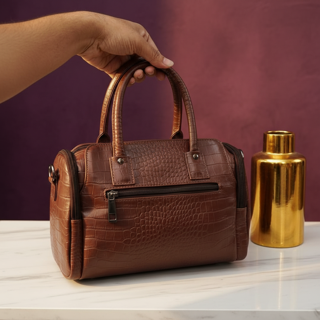 Front view of brown croco texture handbag with warm purple background