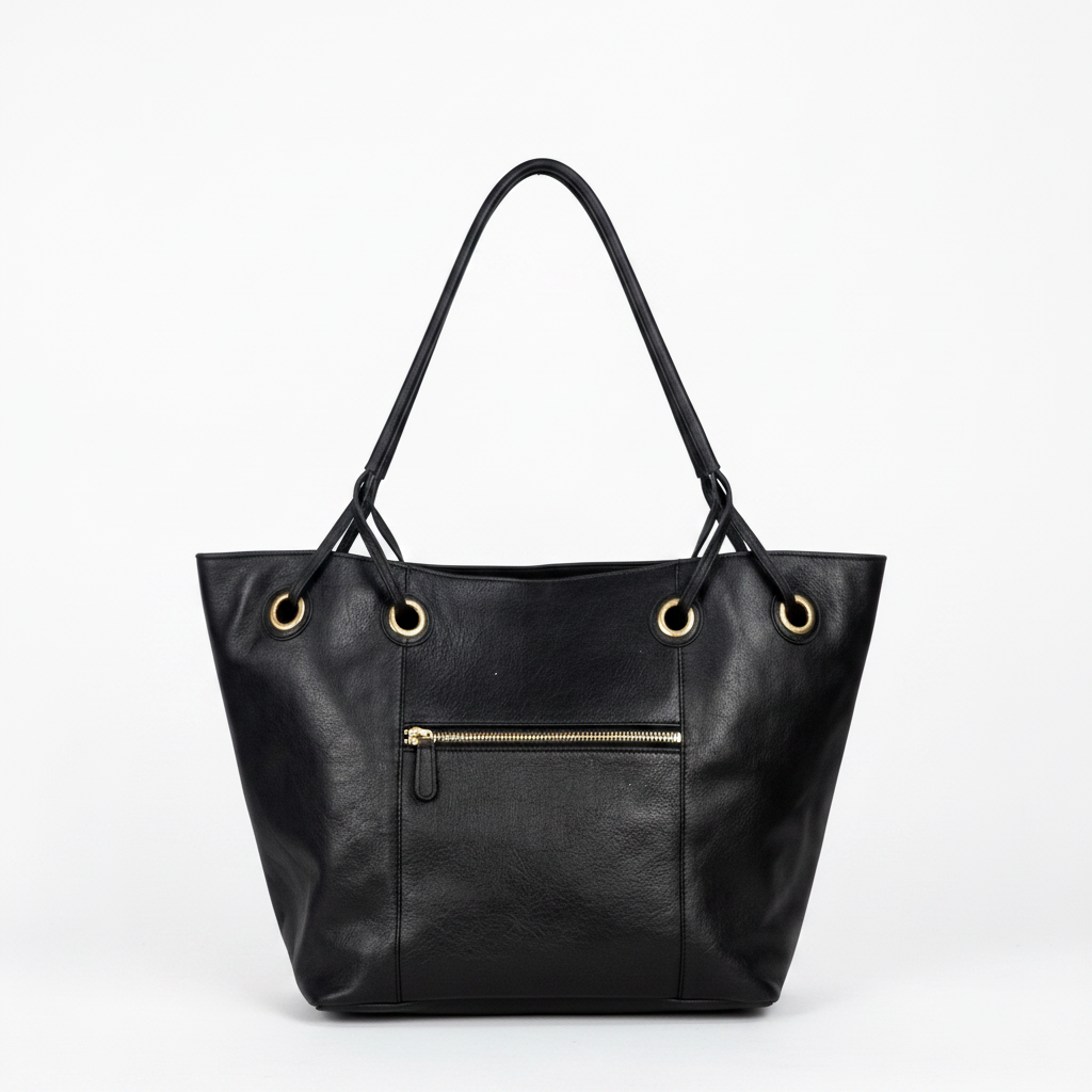 HMS black genuine leather tote bag back side view with gold zip pocket - white background