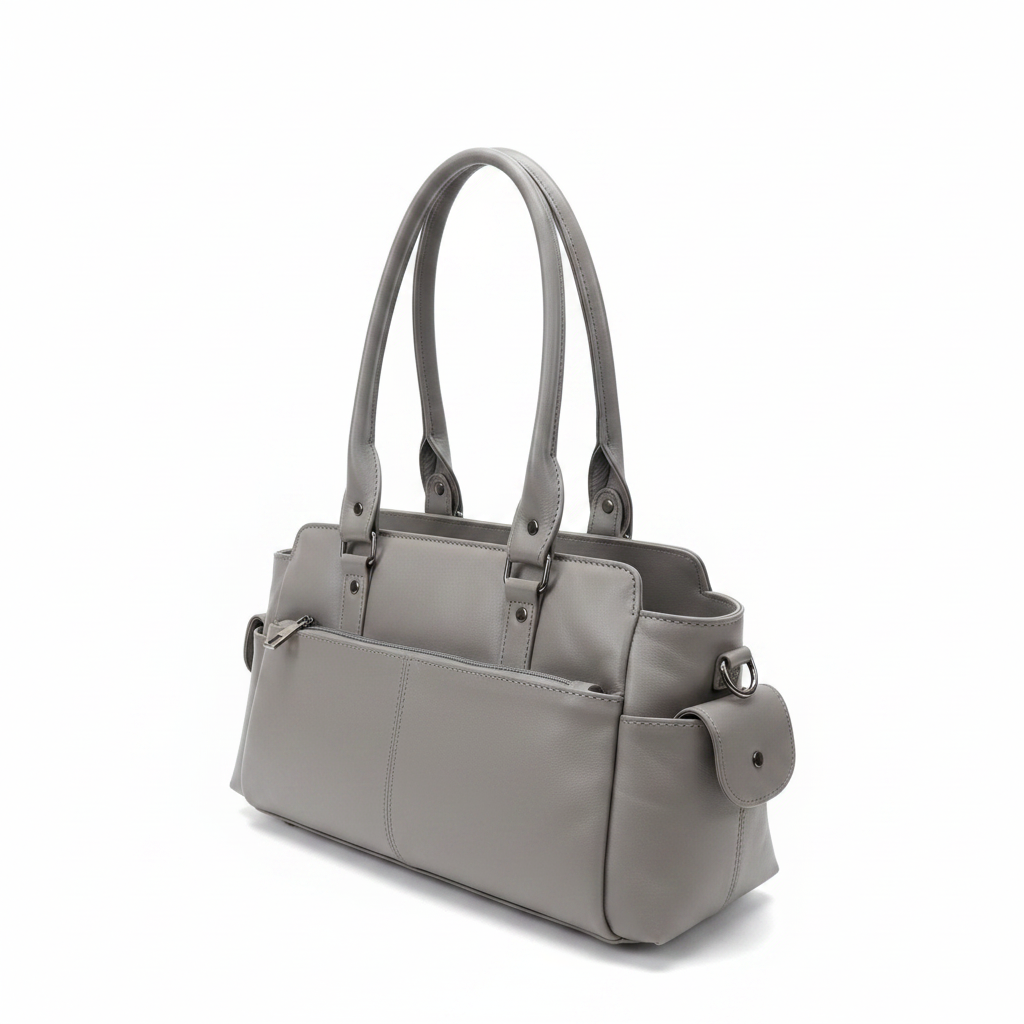 Silvia grey leather handbag angled view