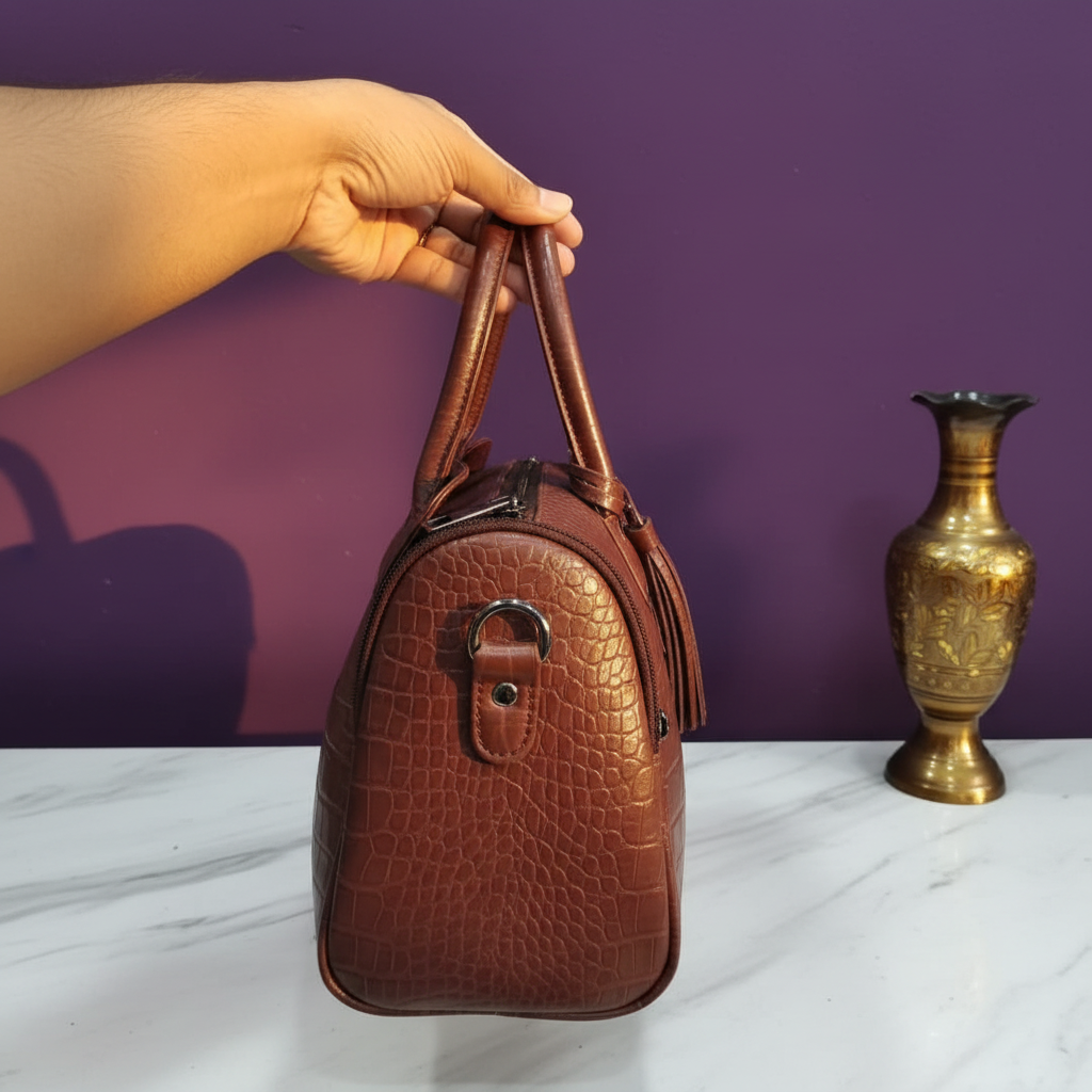 Side view of brown croco texture handbag with warm purple background