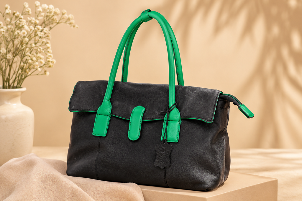Premium Leather Tote Bag with Green Accents