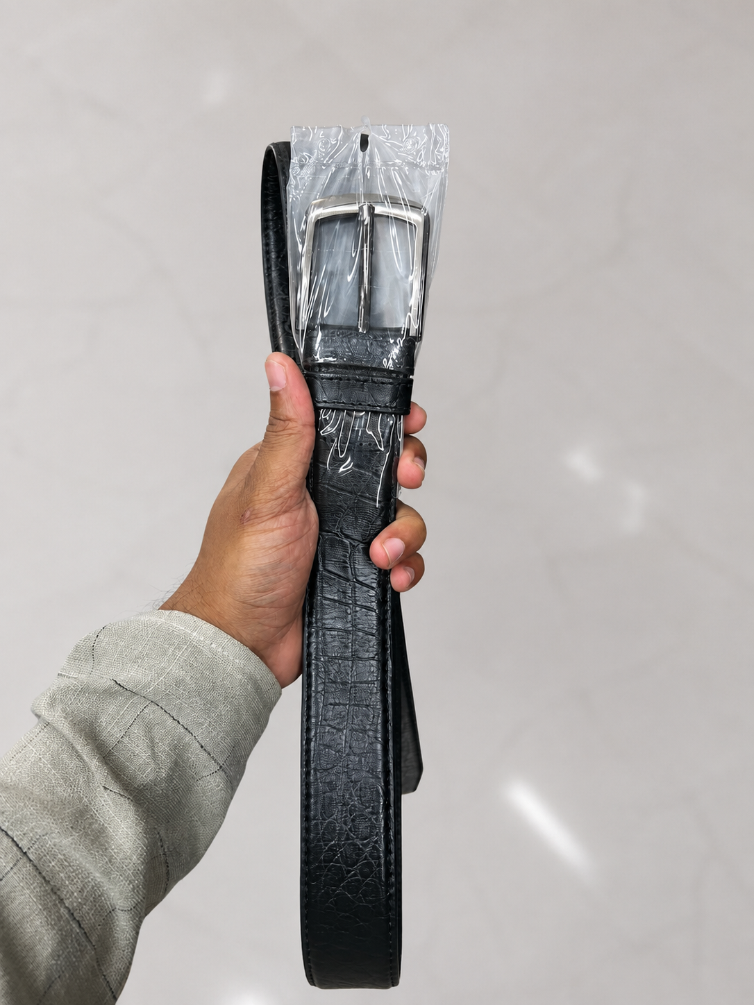 Premium Croc-Texture Leather Belt – Classic Black with Silver Buckle