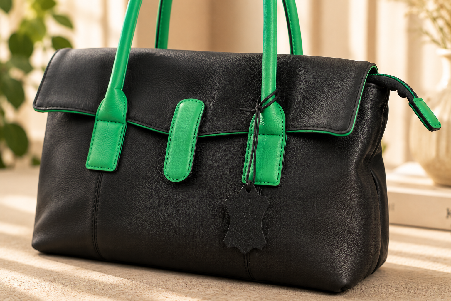 Premium Leather Tote Bag with Green Accents