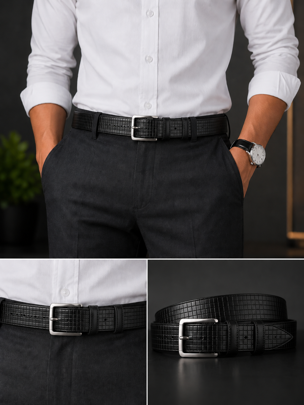 Noir Grid Leather Belt